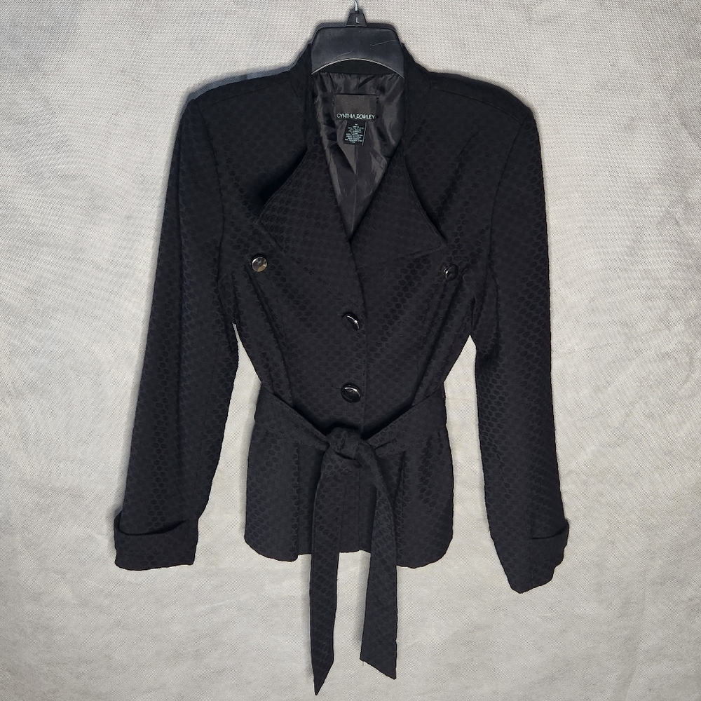 Cynthia Rowley Black Jacket Self Tie Belt Stand-Up Collar, Two-Button Closure,